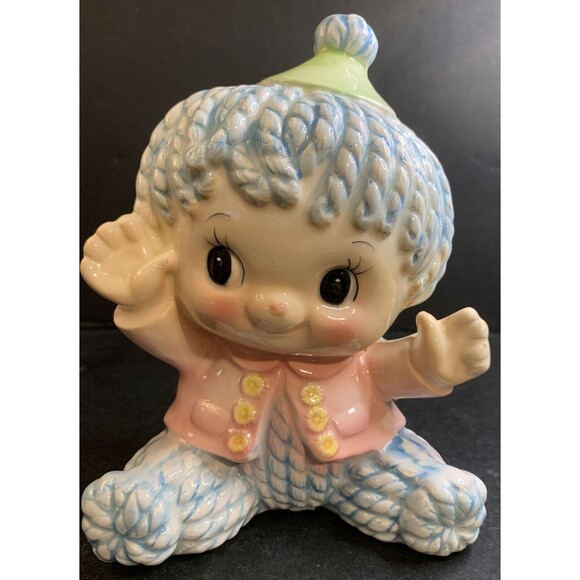 Other - Vintage Relpo Baby Clown Planter Blue Mop Hair Ceramic Nursery Decor Rare # 6339